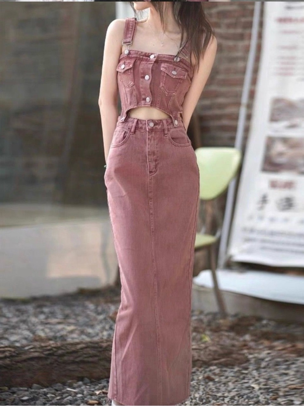 Rose Pink cutout Suspender Denim Set Skirt & Top Size small Boutique